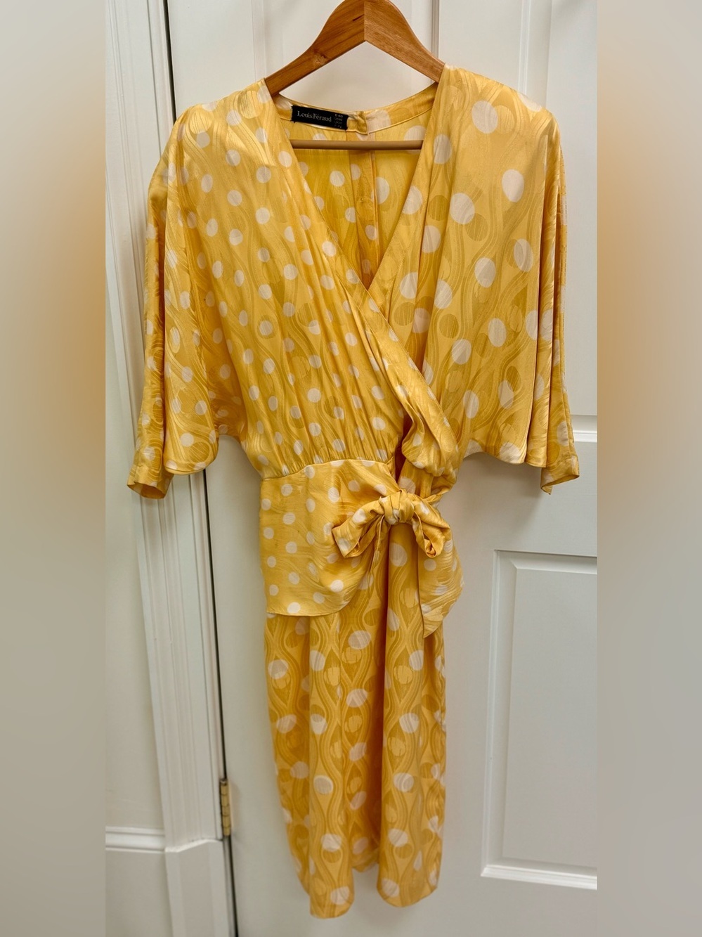 LOUIS FERAUD Vintage 80’s Golden Yellow Wavy Jacquard Polka Dot Wrap Dress - M